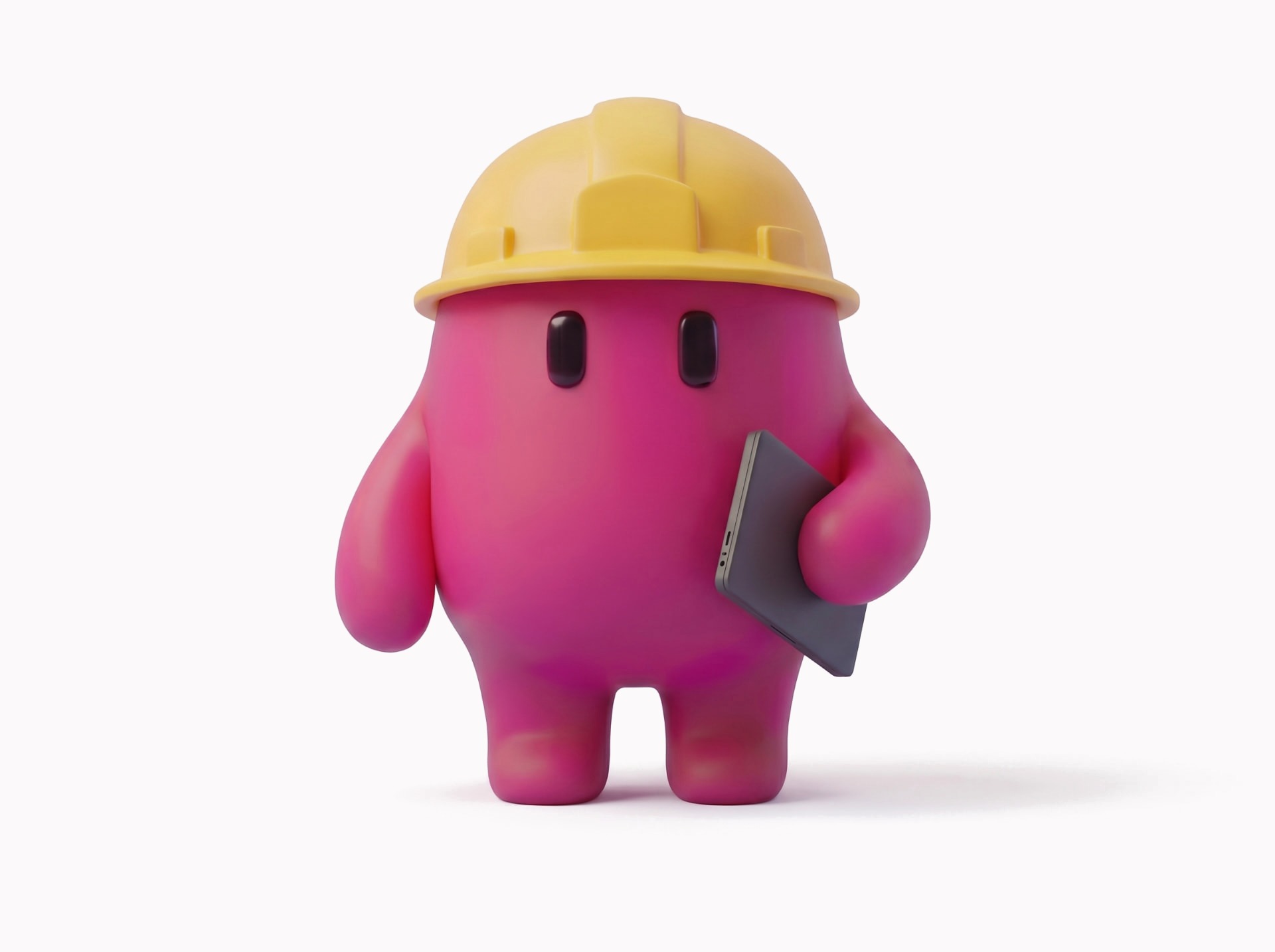 Personagem magenta com capacete amarelo segurando um tablet