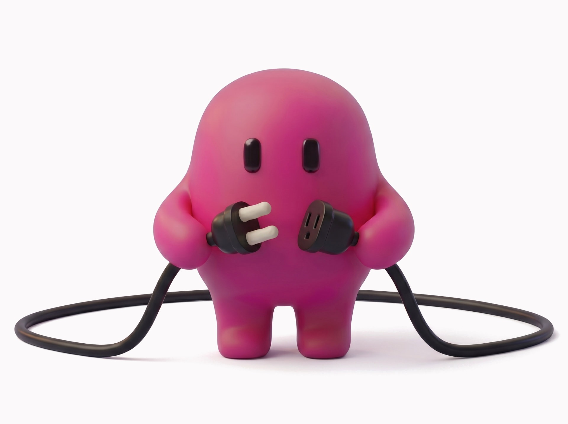Personagem magenta segurando as pontas soltas de um cabo elétrico